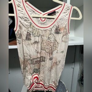 Alexander McQueen Cream Map-Print Sleeveless Knit Top with Red Trim